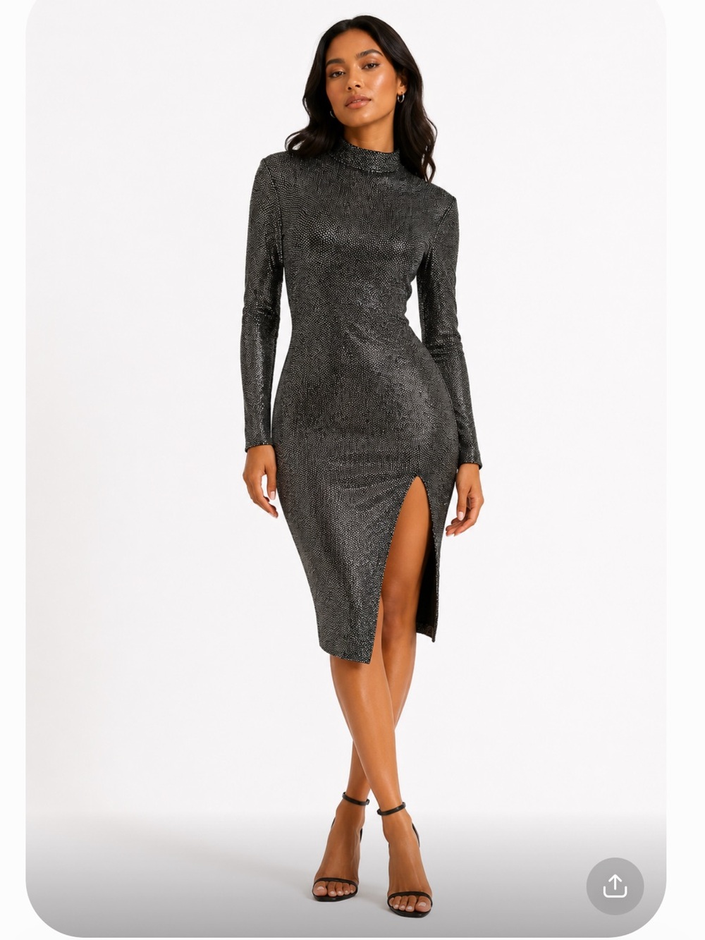 CLUB L London Black Metallic Long-Sleeve Mock Neck Bodycon Dress with Side Slit